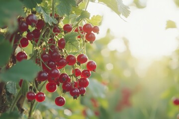 Bountiful clusters of ripe red currants glistening in the golden sunlight of a summer's evening