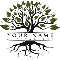 green spring tree with female face and roots on white background, vector, Abstract Human tree logo. Unique Tree Vector illustration with circle and abstract woman shape.	