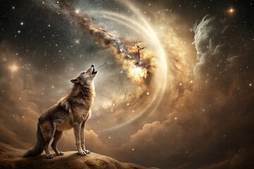 Vintage Galaxy Wolf Wallpaper: Celestial Canine in Cosmic Dust