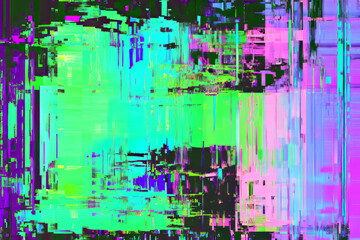 A futuristic, colorful abstract background featuring glitch art aesthetics. The pixelated distortions in neon green, bright cyan, and deep magenta create a tech-inspired, cyberpunk, and visually