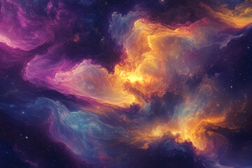 A dreamy, colorful abstract background resembling a cosmic nebula. Swirling gaseous clouds in hues of rich magenta, glowing cyan, and golden amber stretch across a deep space backdrop, evoking