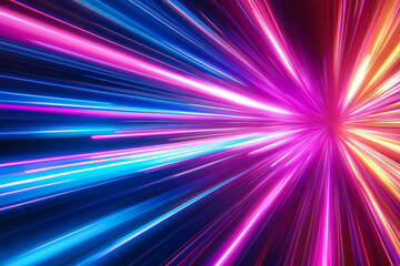 A mesmerizing, colorful abstract background featuring a spectrum of glowing light trails. The dynamic streaks in neon pink, warm amber, and bright blue create a sci-fi, energetic, and visually