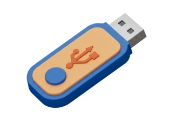 Blue 3D USB flash drive with orange section featuring a red USB symbol and circular button