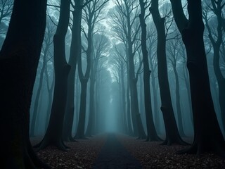 A dark and mysterious forest with towering trees and eerie fog