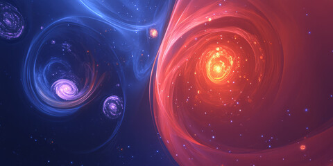 A bold, colorful abstract background with a cosmic theme, featuring swirling galaxies and nebulae. The celestial hues of deep blue, radiant magenta, and glowing orange create an interstellar, dreamy,