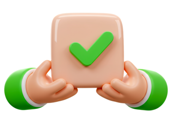 Pair of 3D cartoon hands in green sleeves holding a pink square object with a green checkmark