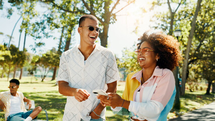 Phone, couple and laugh at park for social media post, online blog and funny meme. Mobile, man and...