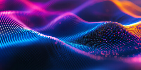 Fototapeta premium A futuristic, colorful abstract background featuring glowing holographic grids. The geometric, digital structures in electric cyan, deep purple, and neon orange create a cyber-inspired, sci-fi, and