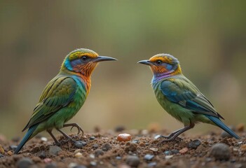 Fototapeta premium A pair of colorful birds perched on a branch with a green background