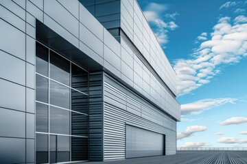Sleek Steel Exterior of Modern Warehouse Office Building, Industrial Contemporary Design