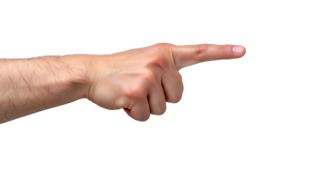close up of a man's hand pointing index finger isolated on transparent background 