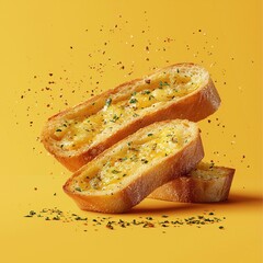 Garlic bread advertisement design with freshly baked loaves on yellow background