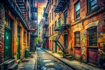Fototapeta premium Vintage NYC Urban Exploration: Grungy Alleyway with Graffiti and Brick Walls