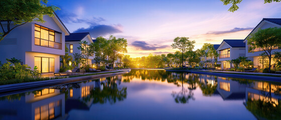 Tranquil sunset reflection on serene lake residential area photography peaceful environment wide-angle view nature beauty