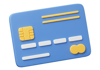 Blue credit card 3D illustration with yellow chip, Mastercard logo, and abstract design elements