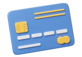 Blue credit card 3D illustration with yellow chip, Mastercard logo, and abstract design elements