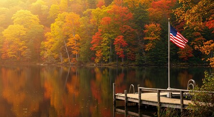 Idyllic autumn landscape with dockside american flag over reflective lake, serene nature scene for travel tourism, patriotic holiday greeting card design