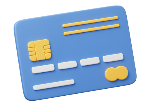 Blue credit card 3D illustration with yellow chip, Mastercard logo, and abstract design elements