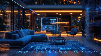 A futuristic modern living room showcases smart home technology