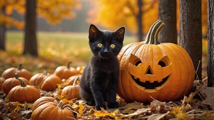 Black Cat with Bright Yellow Eyes Sitting Next to a Jack-o'-Lantern in an Autumn Forest Filled with Orange Foliage