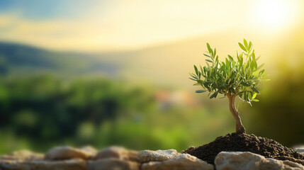 Nurturing growth a young olive tree in serene nature captured during sunrise in a peaceful landscape
