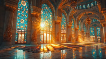 Obraz premium Sunlit Mosque Interior Arabesque Architecture, Golden Hour