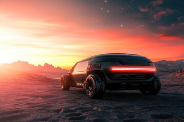 Futuristic vehicle exploring mars landscape at dusk digital art science fiction surreal environment wide angle view