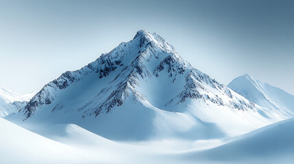 Majestic snow capped mountain peak dominating winter landscape