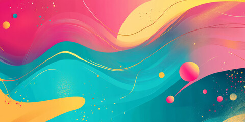 A dynamic, colorful abstract background filled with geometric shapes and fluid patterns. Bright cyan, magenta, and gold hues intertwine, forming a harmonious symphony of digital aesthetics. The