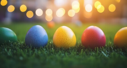 Colorful Easter Eggs Lying on Fresh Green Grass with Blurry Light Bokeh in the Background for Spring Celebration and Festive Decor Concept