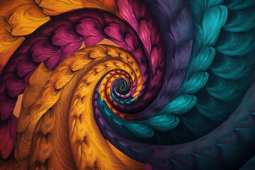 A surreal, colorful abstract background inspired by fractal patterns. The infinitely repeating spirals of vibrant turquoise, golden amber, and rich magenta form a hypnotic, complex, and mathematically