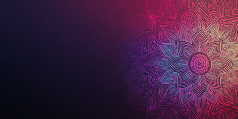 A bold, colorful abstract background featuring intricate mandala patterns with neon illumination. The geometric symmetry in radiant red, deep violet, and glowing aqua creates a spiritual, psychedelic,