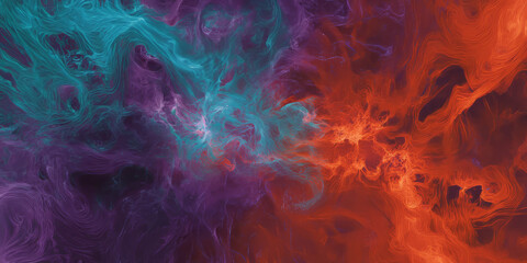 Fototapeta premium A radiant, colorful abstract background resembling a nebula explosion in deep space. The swirling cosmic clouds in glowing violet, fiery red, and deep teal create a celestial, galactic, and visually