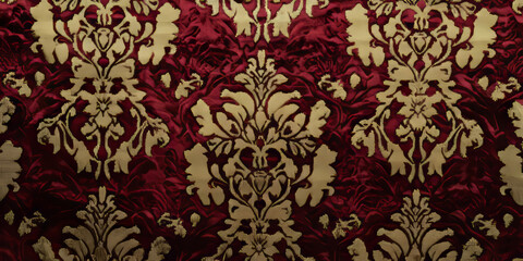 Fototapeta premium A vintage damask fabric texture background in deep burgundy with gold accents. The raised floral motifs and intricate symmetrical patterns add an aristocratic, classic European touch, ideal for luxury