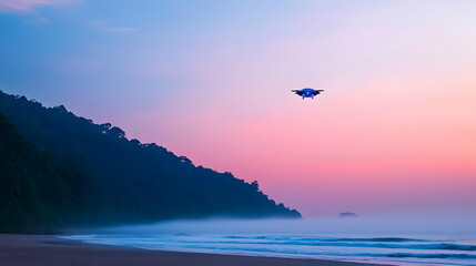 Aerial View of Coastal Scene with Misty Ocean Waves under Pink And Blue Gradient Sky at Dawn