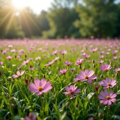 Cosmos blooming on a wide lawn