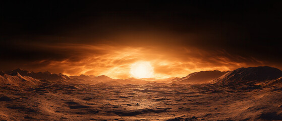 Dramatic sunset over rocky landscape alien planet digital art sci-fi environment wide-angle viewpoint