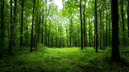 Lush Green Forest Interior Sunlight Illuminating Through Dense Trees Creating Tranquil Woodland Scenery