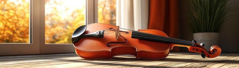 Obraz premium Toned down violin resting on a wooden table classical music 3D render Triadic Color Scheme