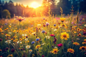 Vintage Sun-Drenched Meadow Landscape, Retro Nature Photography