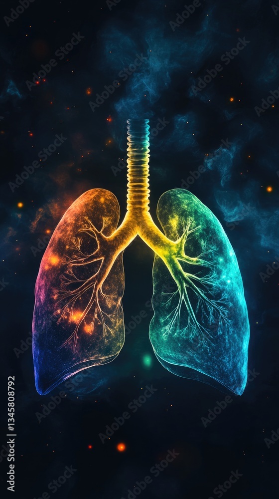 Poster a stylized illustration of a pair of lungs floating in space, surrounded by stars and planets