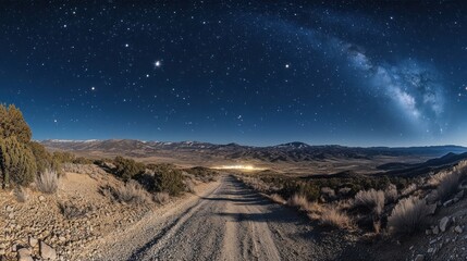 Gravel road leads through a valley to a starry night sky and Milky Way