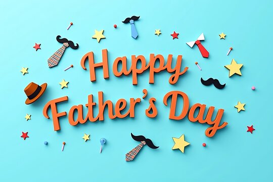 Happy Father's Day Festive Celebration with Mustache, Hat, and Ties on Blue Background