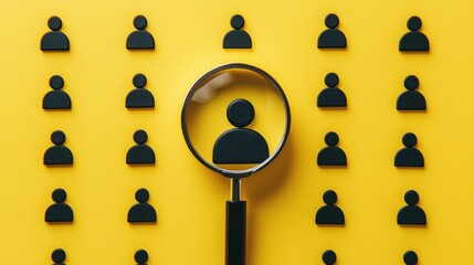 Magnifying glass highlighting one person among many others