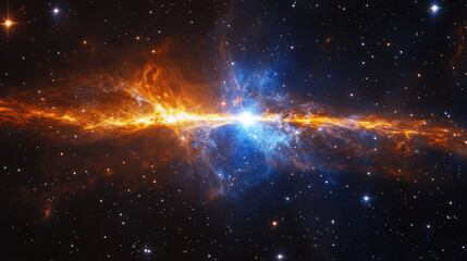 In the vast black universe, a bright light burst with glowing particles and cosmic energy