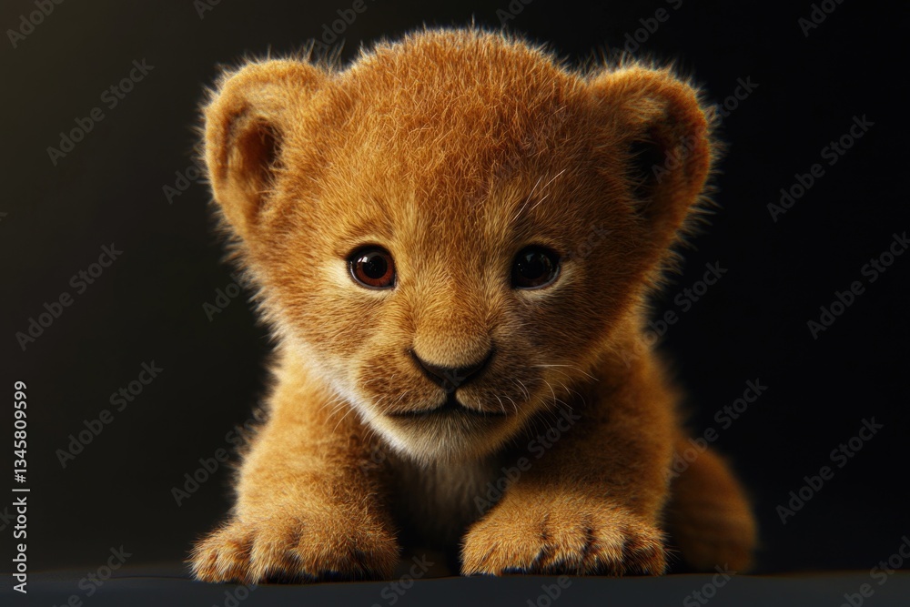 Poster a close-up view of a small lion cub's face with bright eyes and soft fur