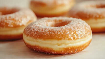 Four Sugared Doughnuts on Light Background