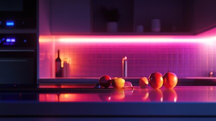 Fruits and kitchen elements are illuminated with ambient colorful lighting