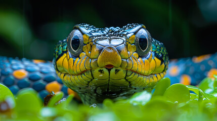 Fototapeta premium Snake against green vegetation. Unblinking piercing gaze. Close-up of head. Dangerous poisonous reptile. Fear, threat to life. Close-up. Copy space for text.