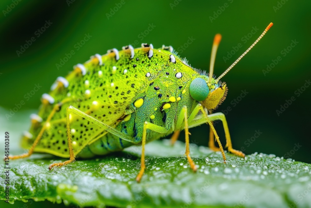 Poster a close-up view of a small green insect sitting on a leaf, providing an intimate look at the tiny cr